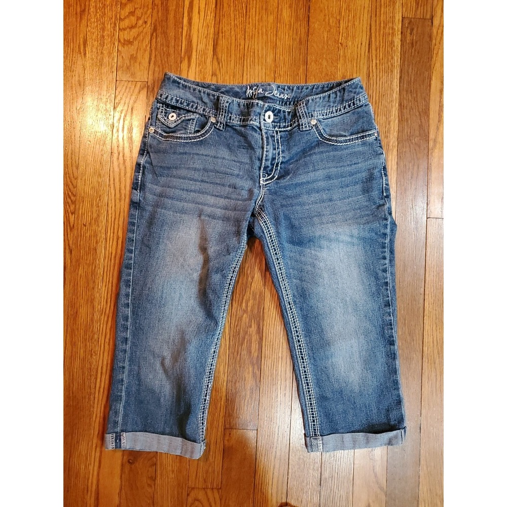 Ariya Jeans Womens 9/10 Medium Wash Embroidered Studded Cuffed Capri Jeans Blue‎